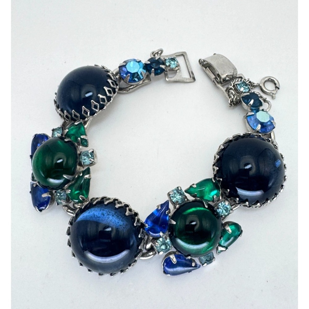 Vintage Weiss Bracelet Chunky Link Blue Green Cabochon Rhinestone